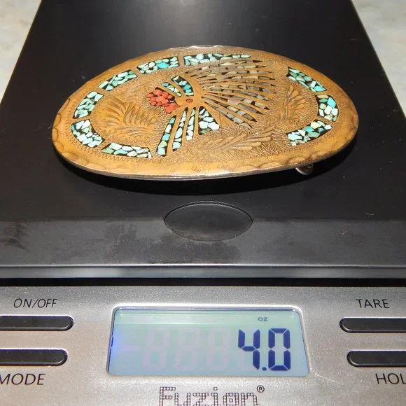 Artisan Crafted Turquoise & Coral Chip Inlay Native Chief Belt Buckle - Picture 9 of 9